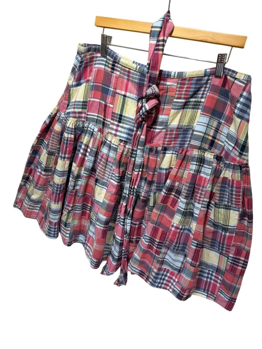American Living Y2K Madras Plaid Patchwork Ruffled A-Line Mini Skirt with Belt